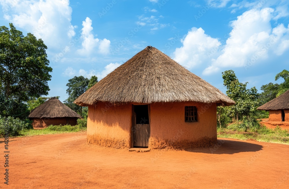Round clay hut with thatched roof in sunny rural landscape. Round clay hut with thatched roof in sunny rural landscape.