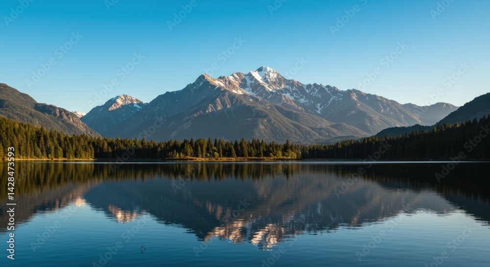 Lake reflects mountain range and forest under a clear blue sky. Lake reflects mountain range and forest under a clear blue sky.