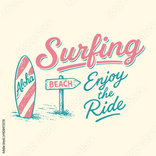 Aloha surfing lettering. vector print, Hawaii's surfing time, Hawaii, Aloha surf typography for t-shirt print, stylish t-shirt and apparel, modern design with tropical leaves, t-shirt graphics