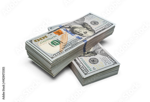 Two stacked bundles of U.S. hundred-dollar bills lie on a white background, symbolizing wealth, financial stability, and capital reserves.