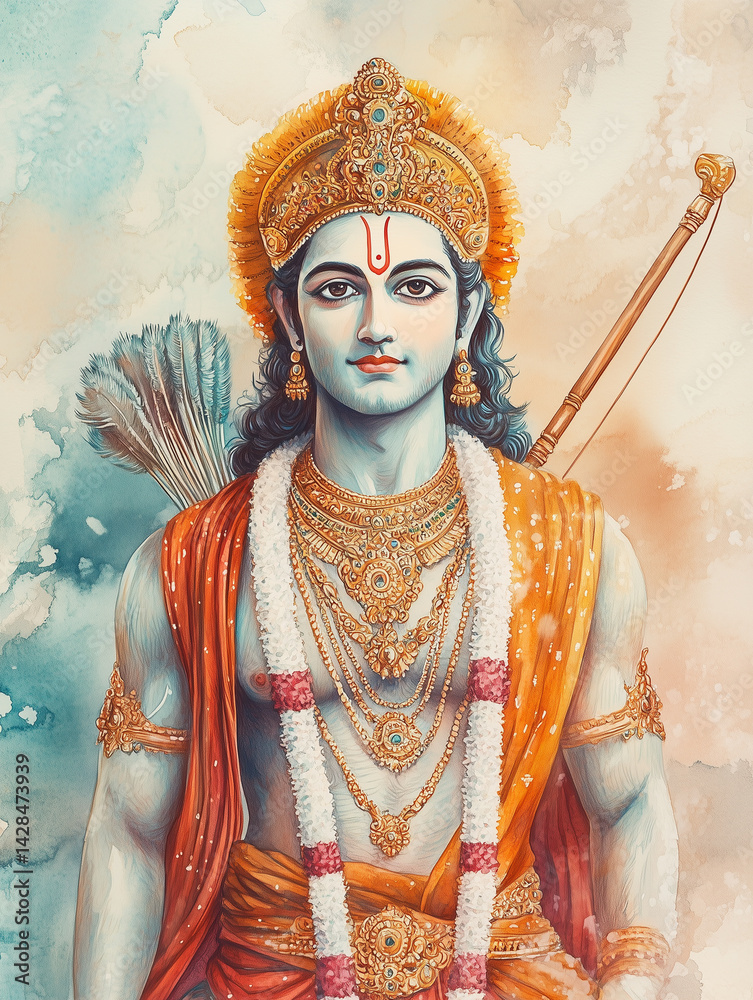 Fototapeta premium Watercolor portrait of Lord Rama in royal attire, standing against a soft pastel background