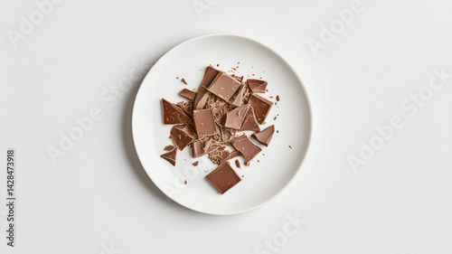Top view of pieces of chocolate on a white plate, isolated on a background. Flat lay, top view stock photo. Contest winner