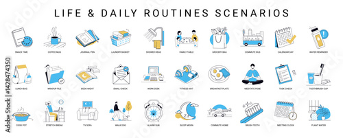 collection icons life daily routines scenarios design templates, Fitness Breakfast plate pose desk mat Work Meditate