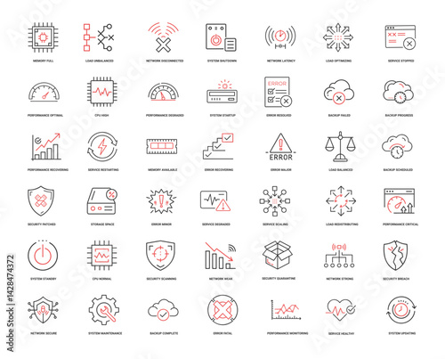 line icons digital server infrastructure system health indicators for cloud computing environments, Performance Startup CPU Degradation