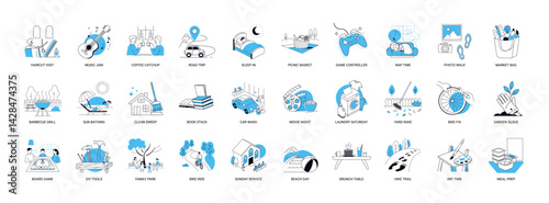 set weekend time routines scenarios activities like haircut visit music jam coffee catchup road trip sleep-in picnic basket game controller usage nap time