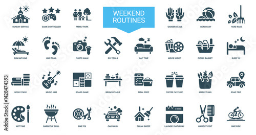 displays collection weekend routine icons activities like sunbathing hiking diy relaxing, catchup bag trip market road prep meal coffee