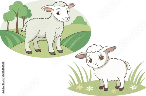 Cartoon Lambs in Nature Peaceful & Pastoral Farm Illustration