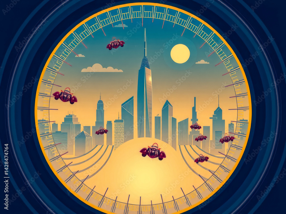 A clock with a city in the background and cars flying around it. The clock is a round shape and has a blue background