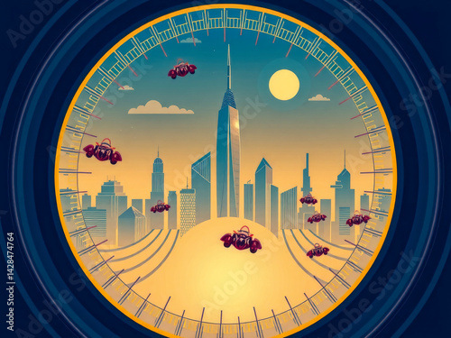 Obraz na płótnie A clock with a city in the background and cars flying around it. The clock is a round shape and has a blue background w salonie