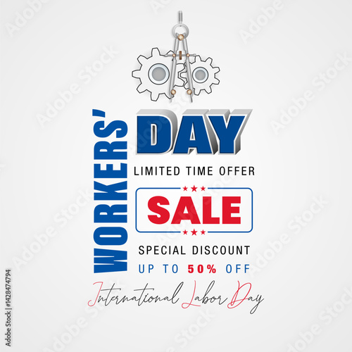 Holidays, design background with handwriting and 3D texts, compass and gear mechanism for International Workers' day sales and commercial events; Vector illustration.