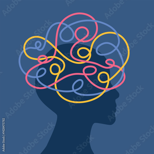 person overwhelmed by anxiety, ADHD, obsessive thoughts, and constant concern; mental health and psychology concept - vector illustration