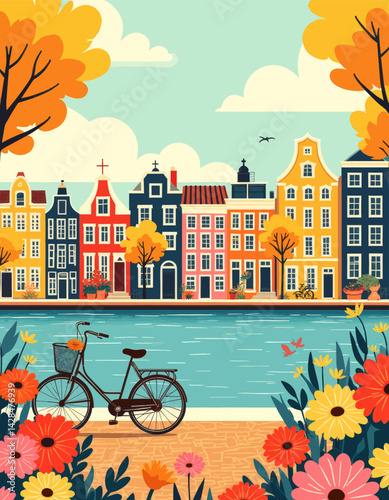 Amsterdam canal houses with bicycle and autumn flowers
