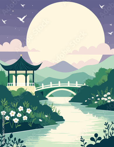Asian Landscape with Pagoda, Bridge and Full Moon