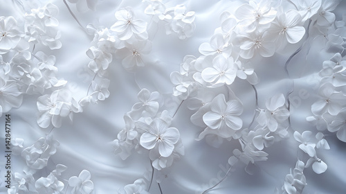 Delicate white flower arrangement on pure white background nature photography minimalist aesthetic