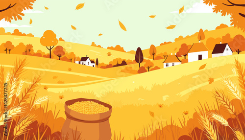Autumn harvest landscape with wheat and grain sack