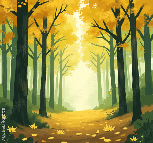 Autumn forest path with yellow flowers and leaves