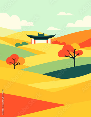 Autumn Landscape with Asian Temple and Rolling Hills