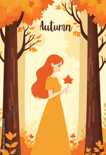 Autumn Scene with Woman Holding Maple Leaf