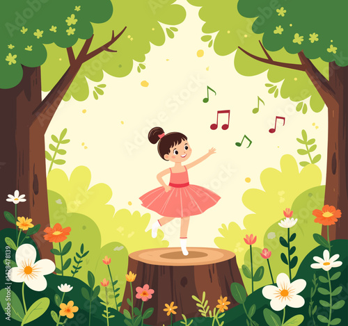 Ballerina Girl Dancing on Tree Stump in Forest with Musical Notes