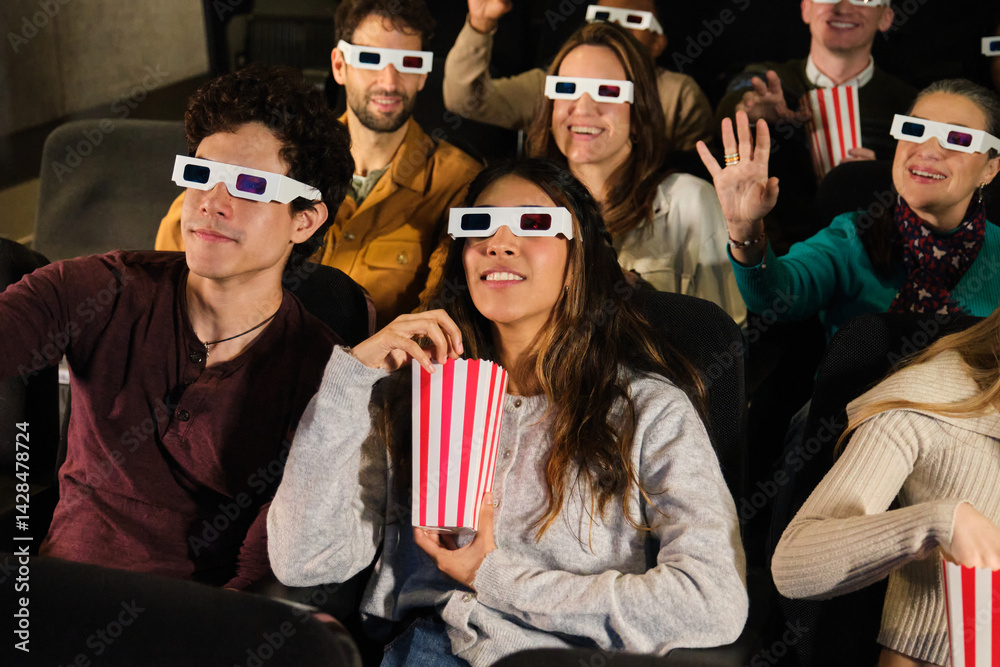 Friends enjoying a 3d movie together at the cinema, wearing 3d glasses and eating popcorn