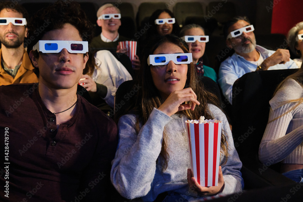 Group of young people wearing 3d glasses watching a movie at the cinema and eating popcorn
