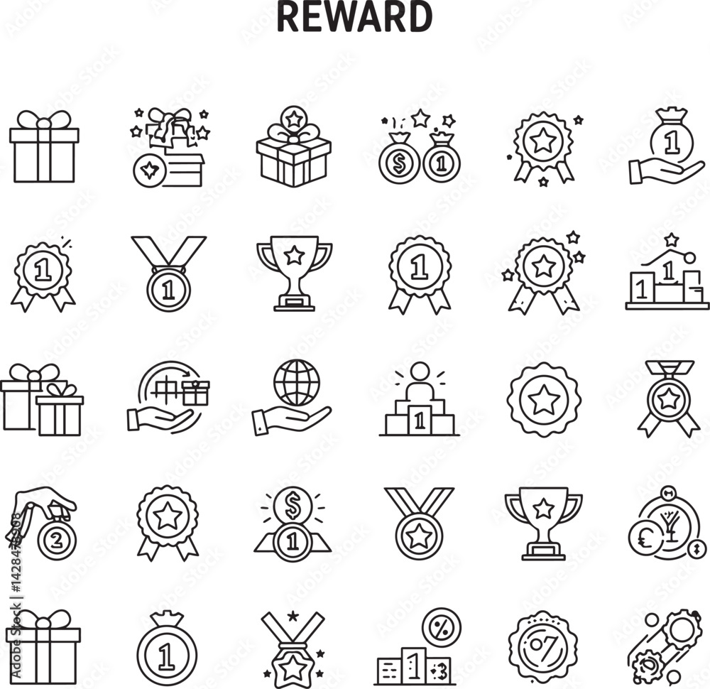 Naklejka premium Reward set of web icons in line style. A collection of linear icons representing various reward concepts, including gift, trophy, recognition, reward program, medal, bonus, and more. Editable stroke.i