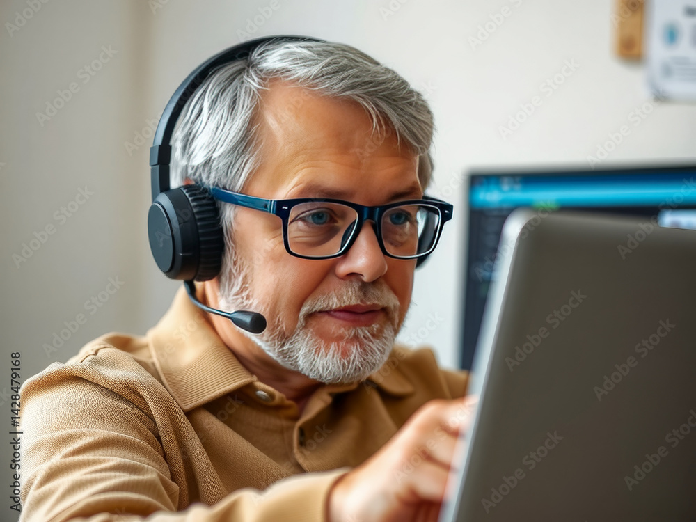 A man wearing glasses and a headset is using a laptop computer. He is focused on the screen and he is working