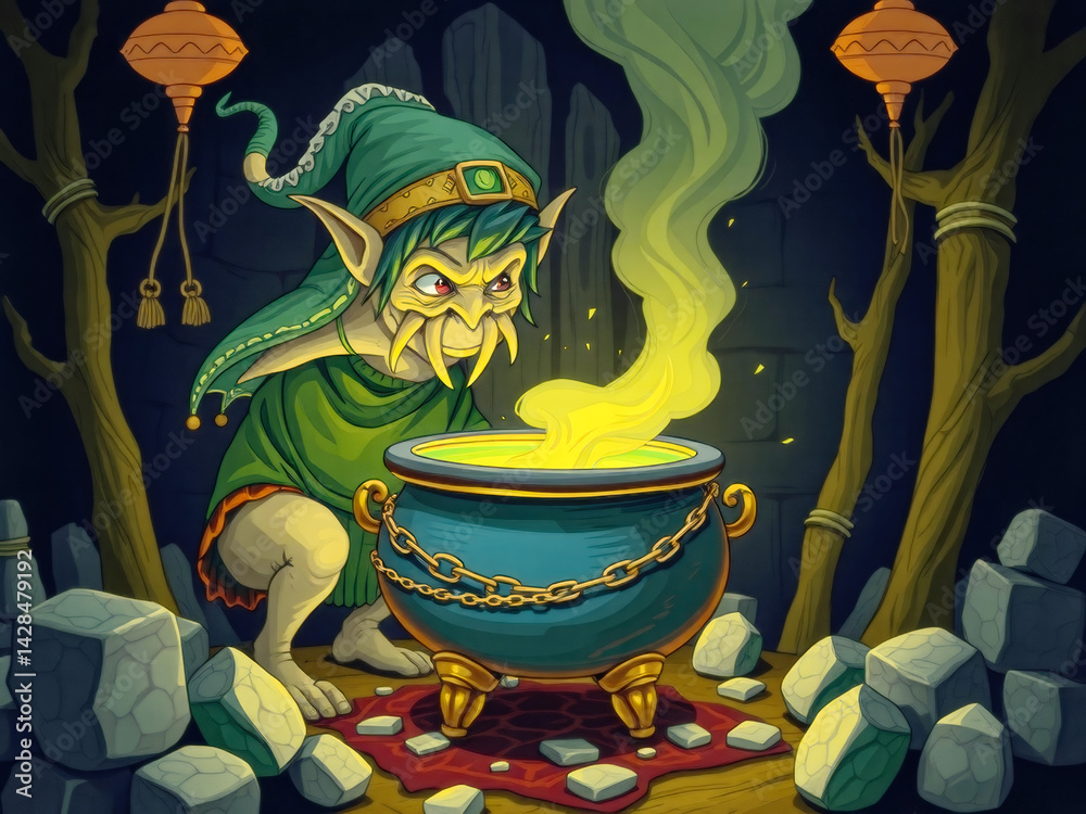 A green goblin is standing in front of a large blue cauldron, which is filled with a yellowish liquid. The goblin appears to be brewing a potion or potion-like substance