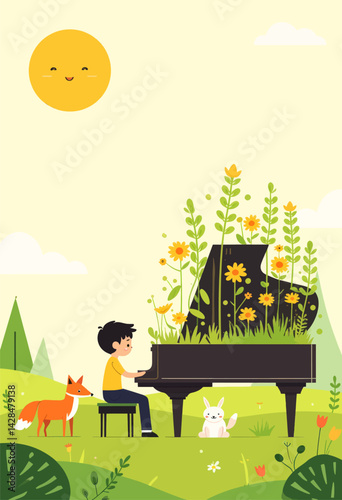 Boy Plays Floral Piano for Fox and Bunny Friends