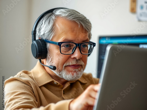 Obraz na płótnie A man wearing glasses and a headset is using a laptop computer. He is focused on the screen and he is working w salonie