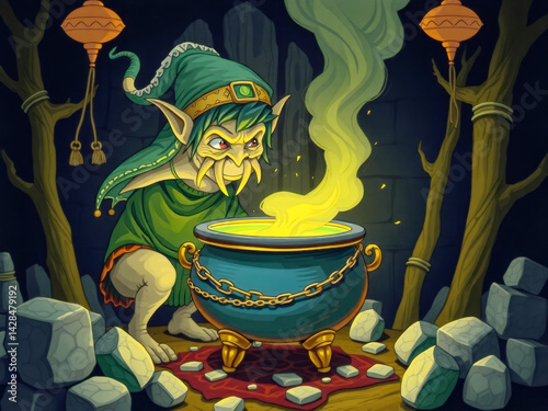 Obraz na płótnie A green goblin is standing in front of a large blue cauldron, which is filled with a yellowish liquid. The goblin appears to be brewing a potion or potion-like substance w salonie