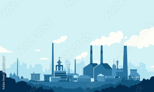 Blue Industrial Factory Skyline with Smoke Stacks