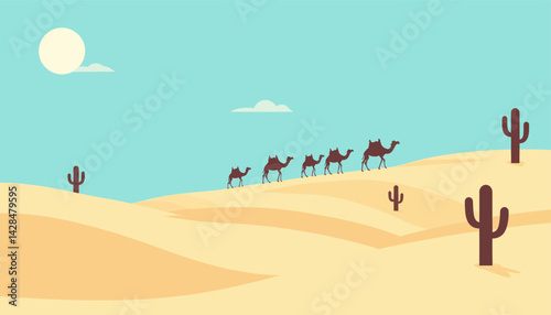Camel caravan in stylized desert landscape with cacti