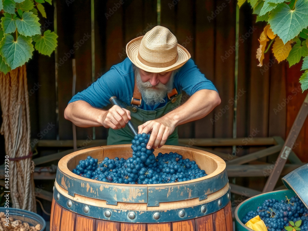 A man in a straw hat is picking grapes from a barrel. The grapes are in a large bowl and the man is using a knife to cut them
