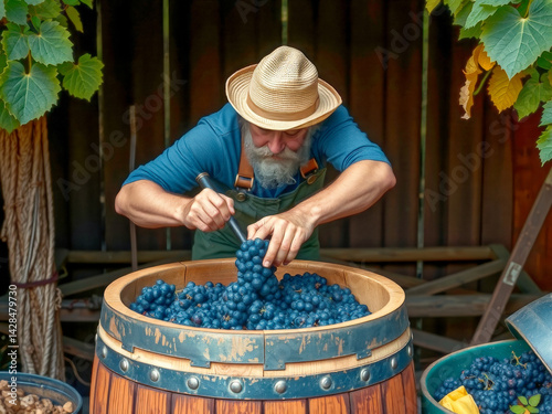 Obraz na płótnie A man in a straw hat is picking grapes from a barrel. The grapes are in a large bowl and the man is using a knife to cut them w salonie