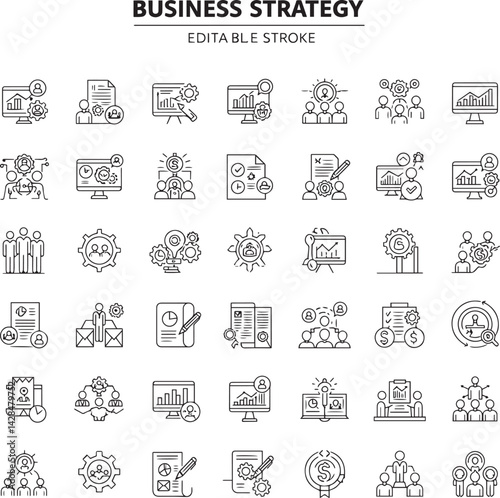 Business strategy set of web icons in line style. A collection of linear icon representing key business concepts, including market analysis, strategy, leadership, innovation, planning. Editable stroke