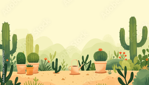 Cactus Garden with Watering Can Illustration
