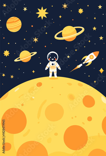 Cartoon Astronaut on Moon with Planets and Rocketship