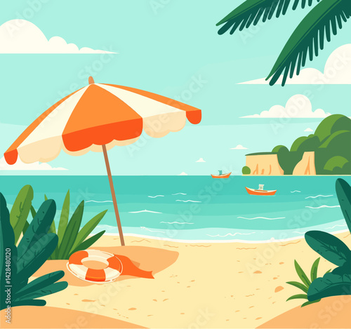 Cartoon beach scene with orange umbrella and life preserver