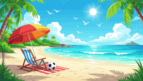 Cartoon beach scene with chair, umbrella, and soccer ball