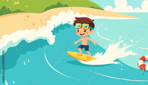 Cartoon boy surfing ocean wave with life preserver nearby