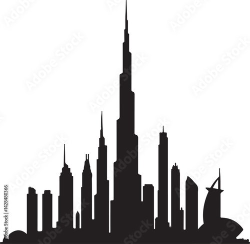 Dubai Black and white city skyline silhouette