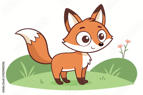 Cartoon Fox on Grass Cute & Expressive Animal Illustration