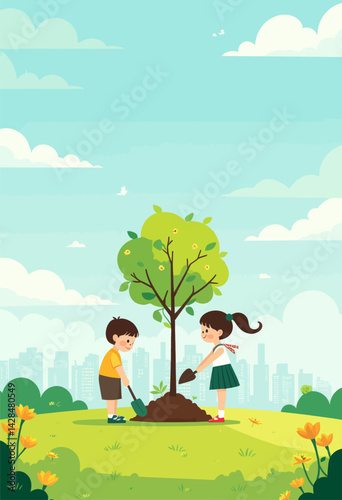 Cartoon children planting a tree in city park