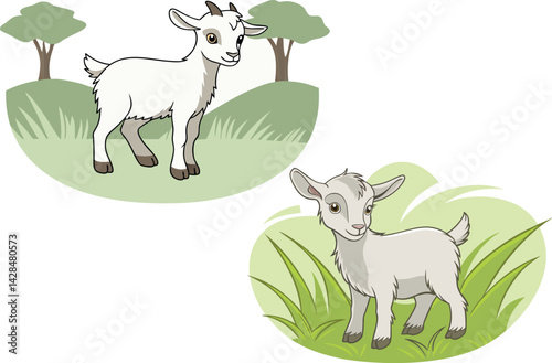 Cartoon Goats in Grass Playful & Charming Farm Illustration