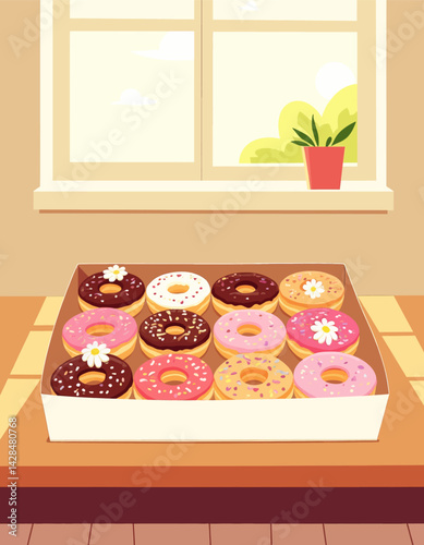 Cartoon donuts in box by window with potted plant