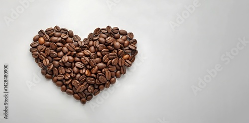 Heart-shaped arrangement of roasted coffee beans on a clean white background. Minimalist composition perfect for cafe branding, coffee shop posters, or Valentine’s-themed coffee promotions..