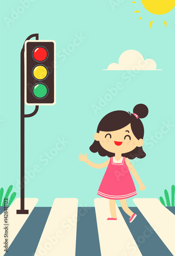 Cartoon girl safely crossing at a traffic light