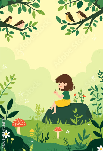 Cartoon girl sits on rock with birds in whimsical forest scene
