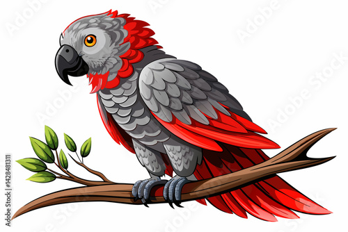 vector of African gray parrot with striking red tail feathers sitting peacefully on a branch isolated on white.